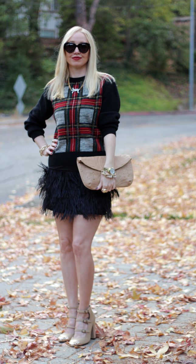 plaid sweater, feather skirt, currently crushing
