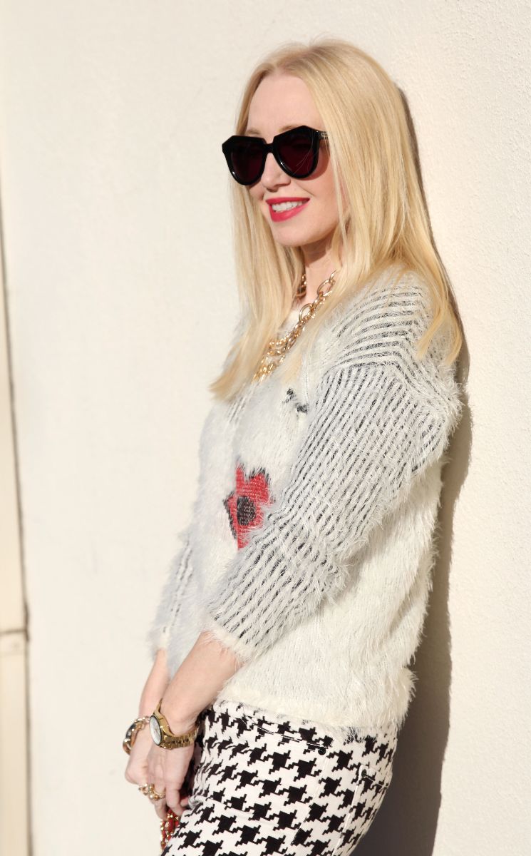 lips sweater, houndstooth pants, karen walker number one, currently crushing
