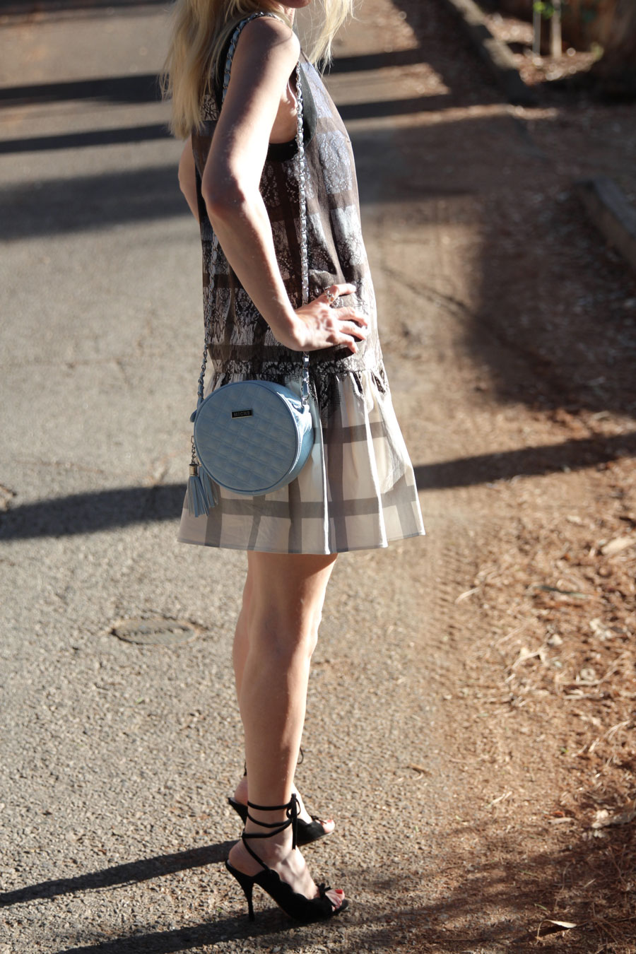 currently crushing, tibi plaid ombre dress, miche blue quilt bag, ysl heels