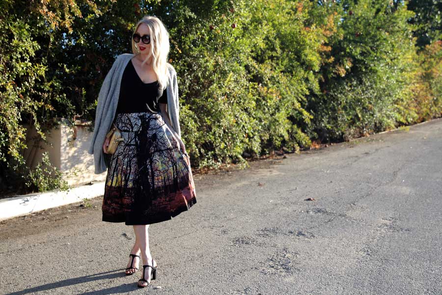 currently crushing, tracy reese a line skirt, free people oversized cardigan