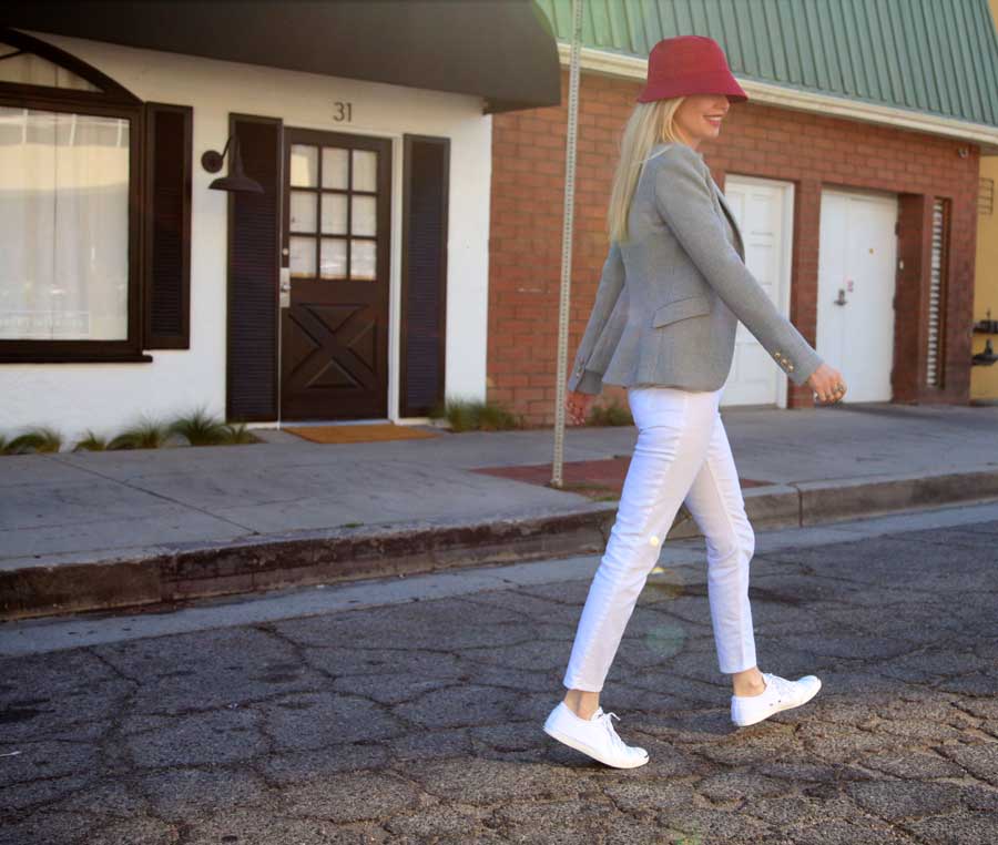 currently crushing, scala rain hat, zara structured blazer, champagne please tee, jordache jeans, white jack purcell converse