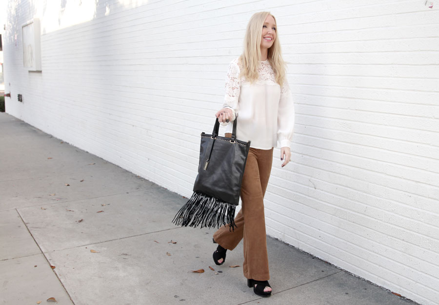 currently crushing, h&M fall collection, h&m suede pants, h&m lace blouse, urban originals fringe bag, nordstrom