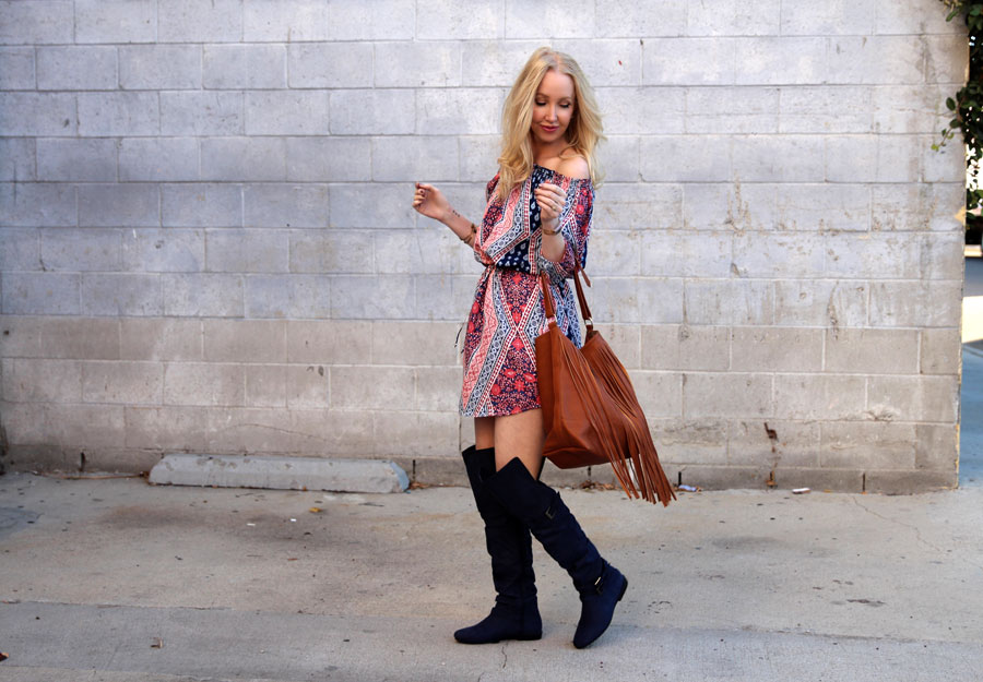 justfab over the knee boots, almost famous dress, justfab fringe shoulder bag, currently crushing