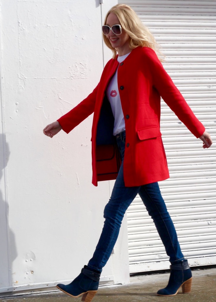 currently crushing, sole society booties, mossimo jeans, target, eyelash tee shirt, zara red coat, vintage sunglasses