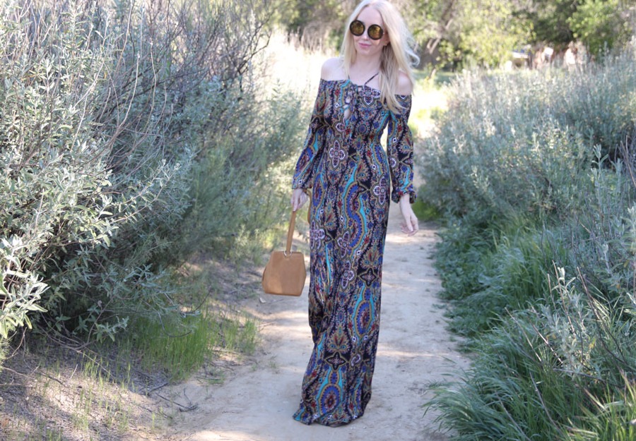 currently crushing, asos off the shoulder maxi, forever 21 crossbody bag, suede boho bag, justfab peep toe booties, coachella style guide, what to wear to coachella