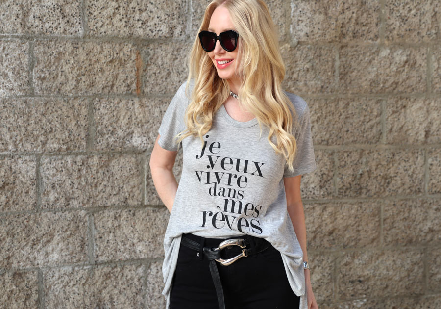 currently crushing, lipstik shoes boots, express black denim, karen walker sunglasses, peppered in style tee