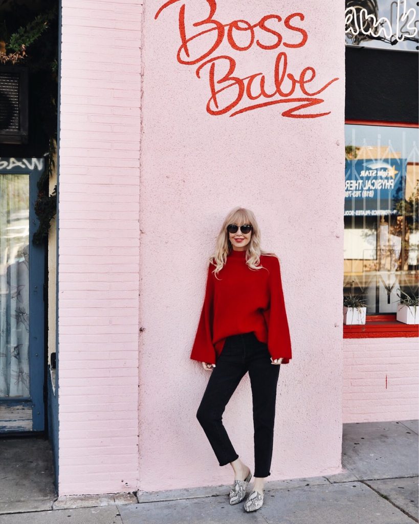 currently crushing, H&M red wool sweater, paige coated denim, steve madden mules on sale, boss babe wall